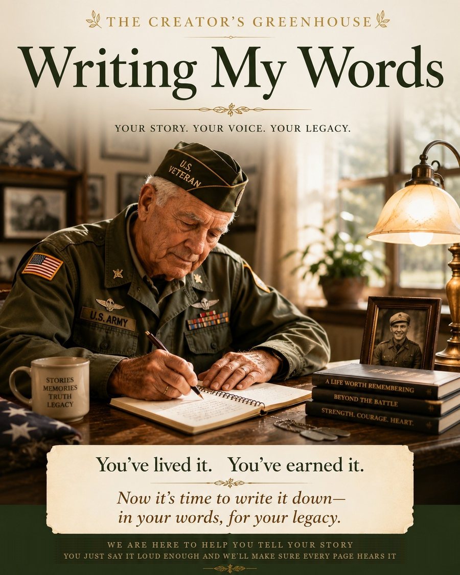 A veteran in uniform writing his story at a desk, a folded flag and a lamp beside him.